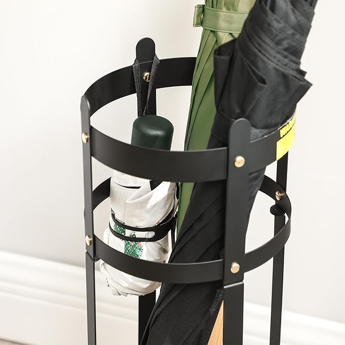 SONGMICS Umbrella Stand, Steel Round Umbrella Holder Rack, 6.9 x 6.9 x 19.3 Inches, with Detachable Drip Tray, for Entryway, Office, Stable, Assembly Required, Matte Black ULUC029B01