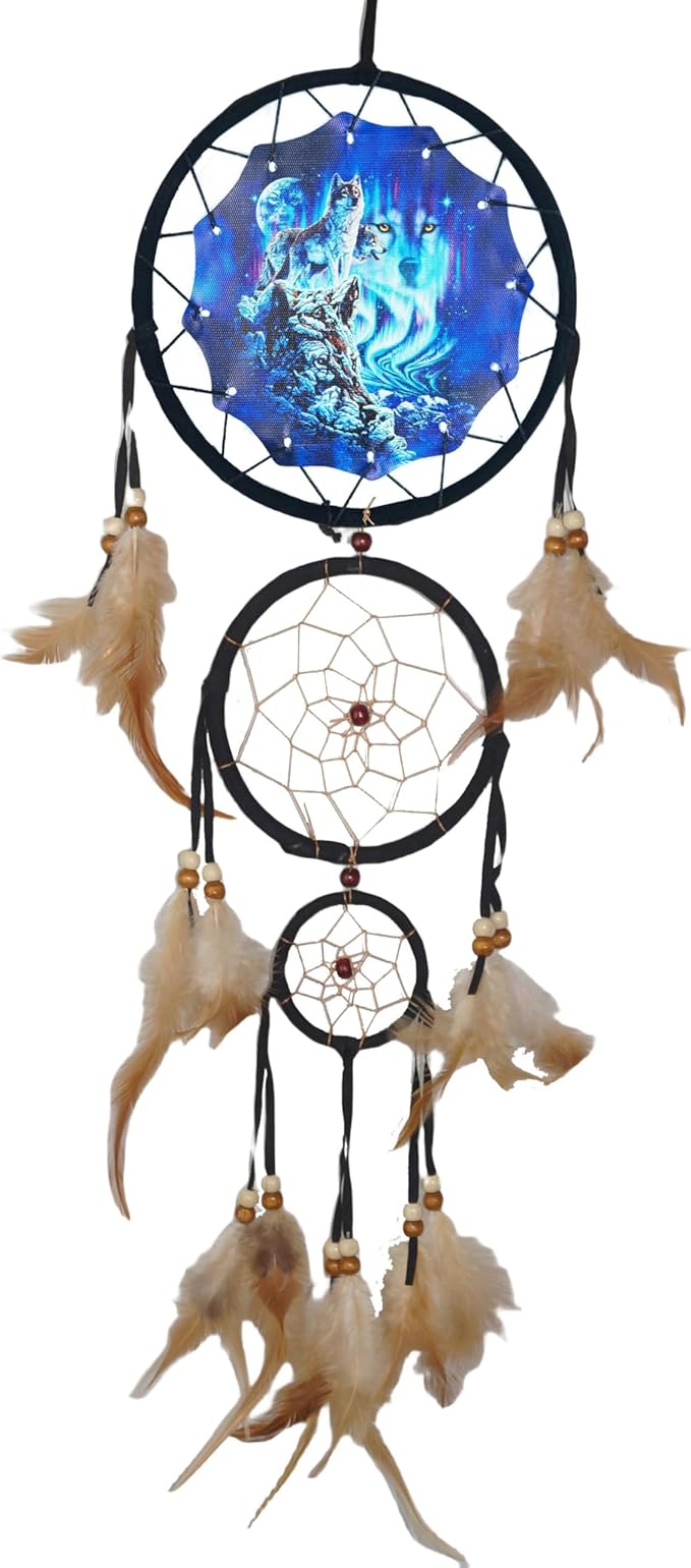 Remorelt Wolf Eagle Bear Dream Catcher Bedroom Wall Decor, Christmas Home Decoration, Room Accessory, White Moon Feather Decoration - Unique Home Craft Wall Pendant (DC12 6Inch Wolf Mountain)