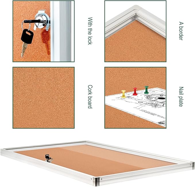 BIBOC EnclosedCork Bulletin Board 36x24 inch Lockable Cork Noticeboard Display Cases Tamperproof Notice Poster Memo Board with Class 1 Aluminum Frame (Cork, 24×36 inches)