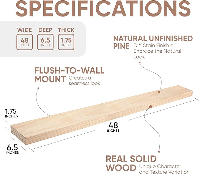 Homeforia Wood 48 inch Floating Shelf, High End Solid Natural Wood 48inch Floating Shelves for Wall Mounted, Unfinished Wooden Large Floating Shelves, Heavy Duty Bracket, 48 X 6.5 X 1.75 in, Set of 2