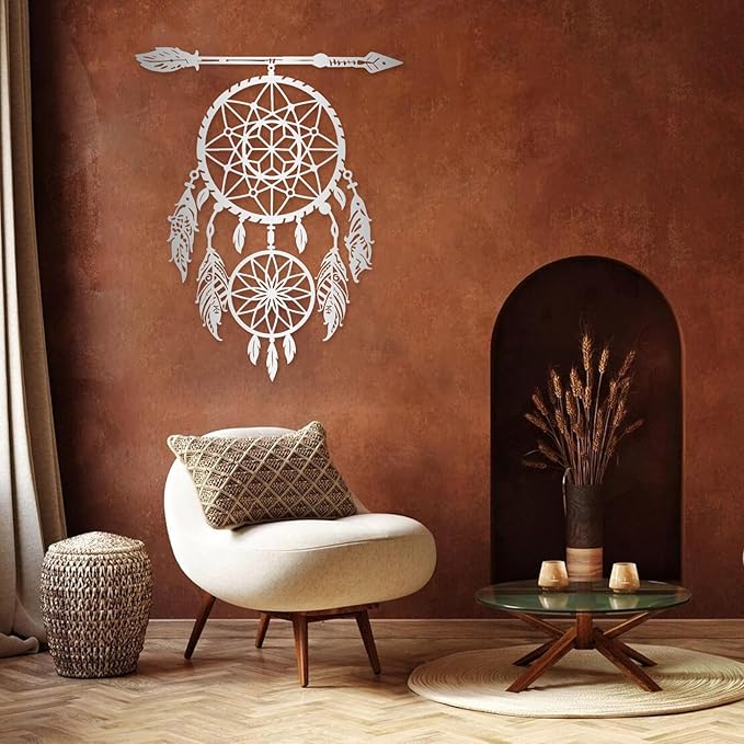 YDONVTI Dream Catcher Metal Wall Decor, Large Dream Catcher Wall Art, Metal Boho Wall Art, Feather Arrow Decoration, Native American Decor, for Bedroom(Silver, 30" L x 24" W/76x61cm)