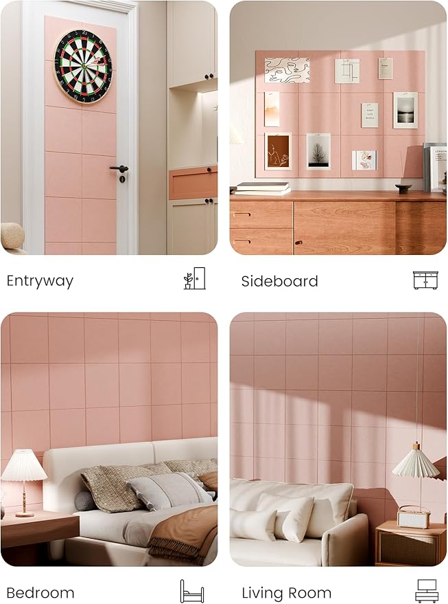 Bumusty Large Cork Board 48" x 36" Alternative - 12 Pack Felt Wall Tiles with 70 Safe Removable Adhesive Tabs, 30 Pushpins, Cork Boards for Walls Pin Board Bulletin Board Office Decor (Pink)