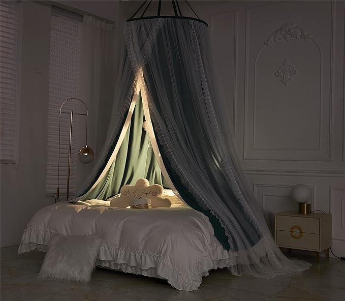 VETHIN Double Layer Princess Round Dome Canopy Bed Curtain for Girls Adults,Children Dreamy Mosquito Net,Cute Bedroom Decoration Castle Play Tent Reading Nook Canopies (Blackish Green/White)