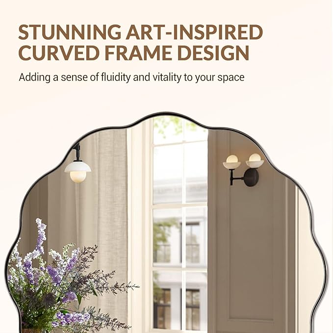 ANDY STAR Brushed Nickel Round Bathroom Mirror, 36 Inch Round Circle Mirror in Stainless Steel Metal Frame, Large Silver Vanity Frame with Unique Wavy Design
