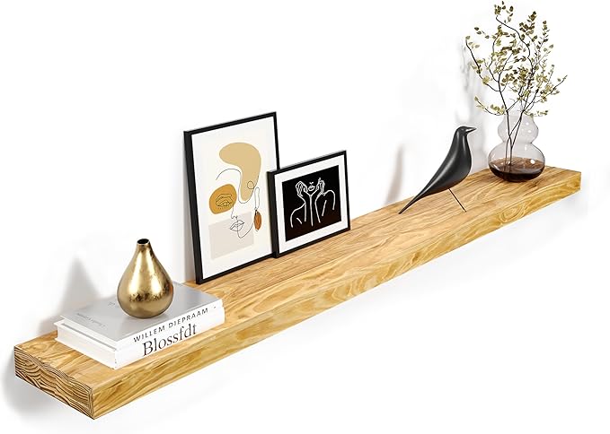 60'' Pine Wood Floating Shelf for Wall - Rustic Wall Mounted Wooden Shelf for Stylish Home Décor, Fireplace Mantel 60inch (Natural, 60x8x2) - 1pcs