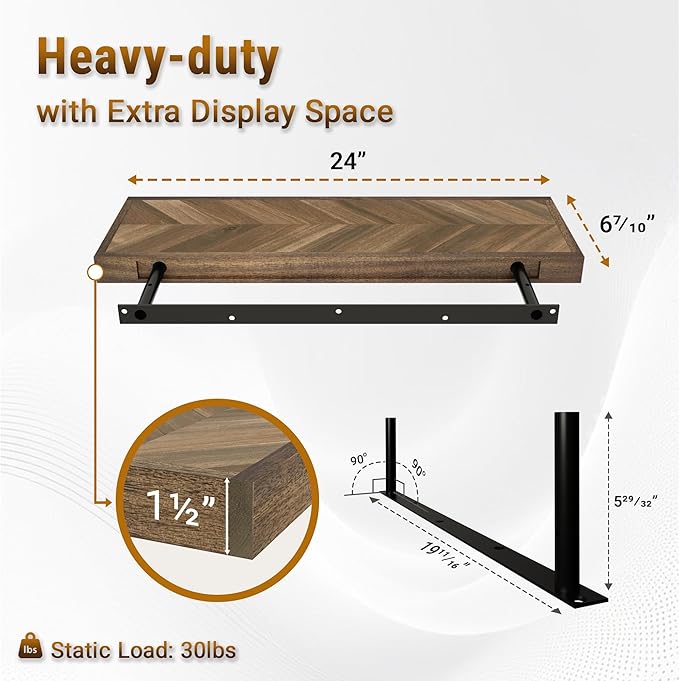 24" Acacia Chevron Floating Shelves Set of 2 - Wall Mounted Wooden Shelf for Stylish Home Décor - Walnut Color - 24x6.7x1.5 Inches
