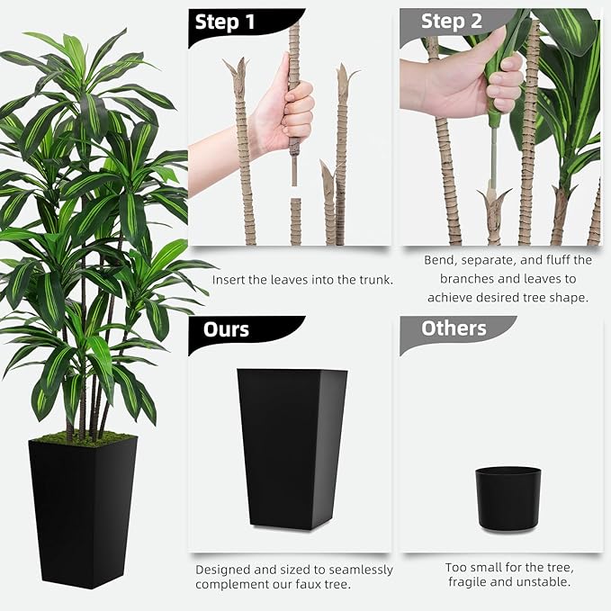 Artificial Dracaena Plant 6FT - Fake Tree with White Tall Planter - Faux Yucca Tall Fake Floor Plant in Pot - Artificial Trees for Home Office Living Room Decor Indoor