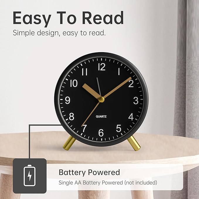 Analog Alarm Clock, 4 inch Super Silent Non Ticking Small Clock with Night Light, Battery Operated, Simple Design, easy setting for Office, Bedroom, Bedside, Desk, teens, elders, kids, adult, Black
