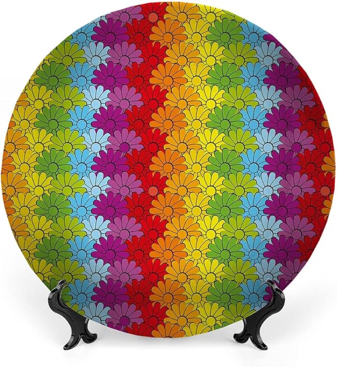 Ceramic Plates, Floral Decorative Ceramic Plates, Vibrant Flowers in Rainbow Colors Striped Repeating, 6 Inch, Household Plates Decorative, Multicolor