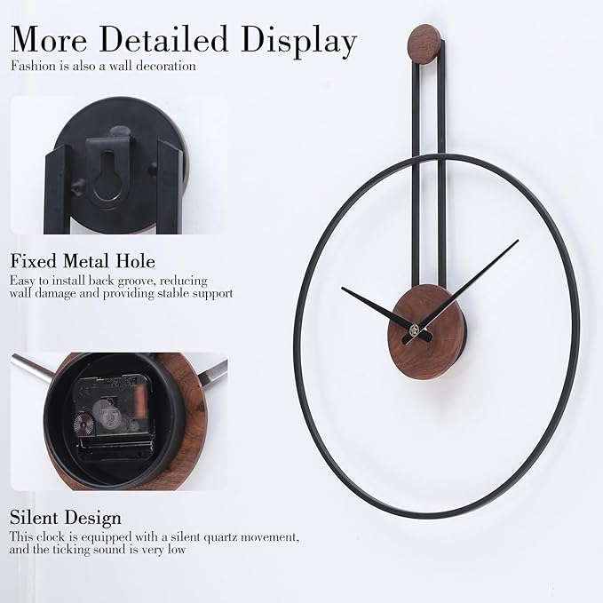 Modern Minimalist Wall Clock, Black Metal Ring and Wooden Face, Natural Style Silent Non-Ticking for Living Room, Bedroom, Office Decor, 21.6"x28.7"