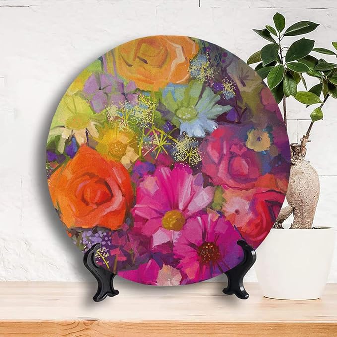 Ceramic Display Plate, Floral Ceramic Hanging Decorative Plate, Vibrant Flower Bouquet with Daisy Peony Gerbera, 8 Inch, Living Room Kitchen Decoration Household, Multicolor