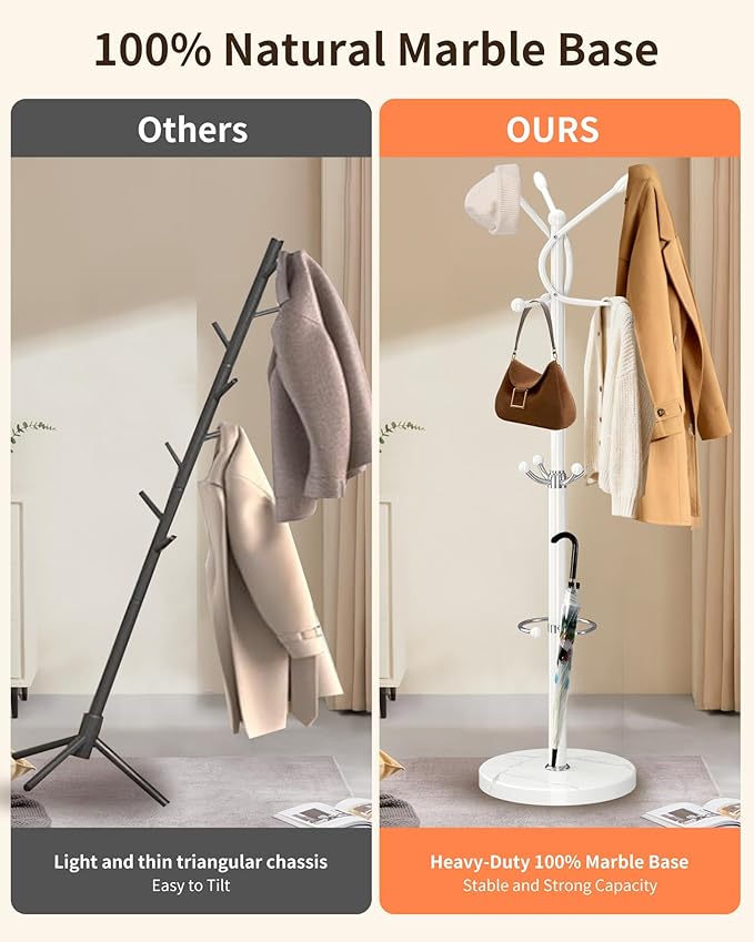 ZOZOE Metal Coat Rack Stand, Modern Coat Rack Freestanding with Natural Marble Base, Sturdy Coat Racks with 10 Hooks & Umbrella Holder,White Coat Tree Hanger Stand for Bags,Hats,Entryway,Office