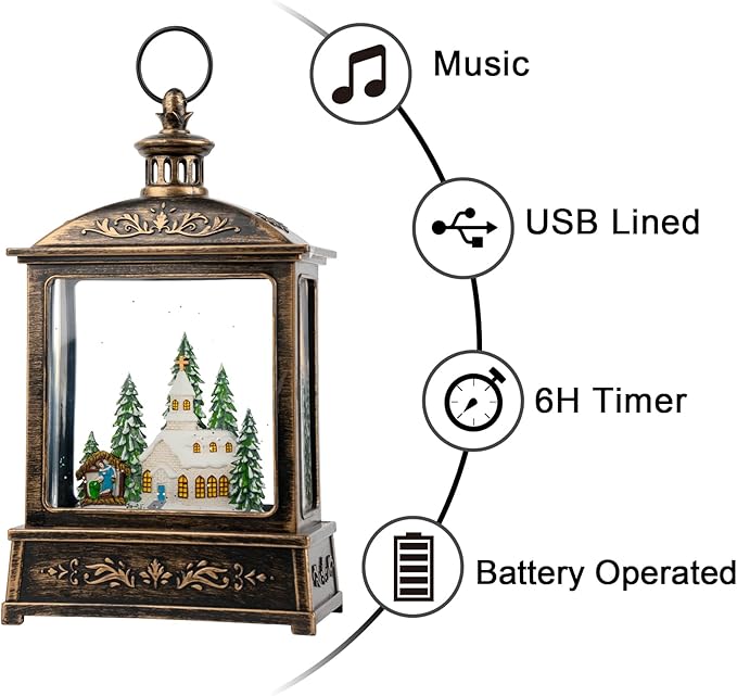 12.5'' Musical Snow Globe Lantern Lighted Church with Nativity Manger Scene Water Lantern in Swirling Glitter, Christmas Home Decoration and Gift, Battery Operated or USB Powered