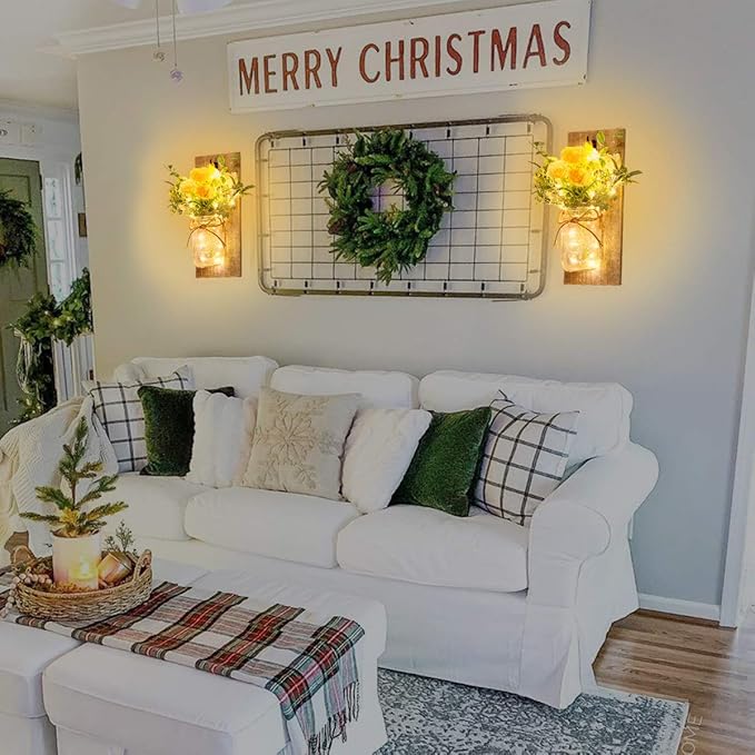 Wall Decor Mason Jar Sconces - Rustic Farmhouse Home Decor with Remote Control Wall Lights and Yellow Rose for Bedroom Wall Decor Living Room Kitchen Decorations Set of Two