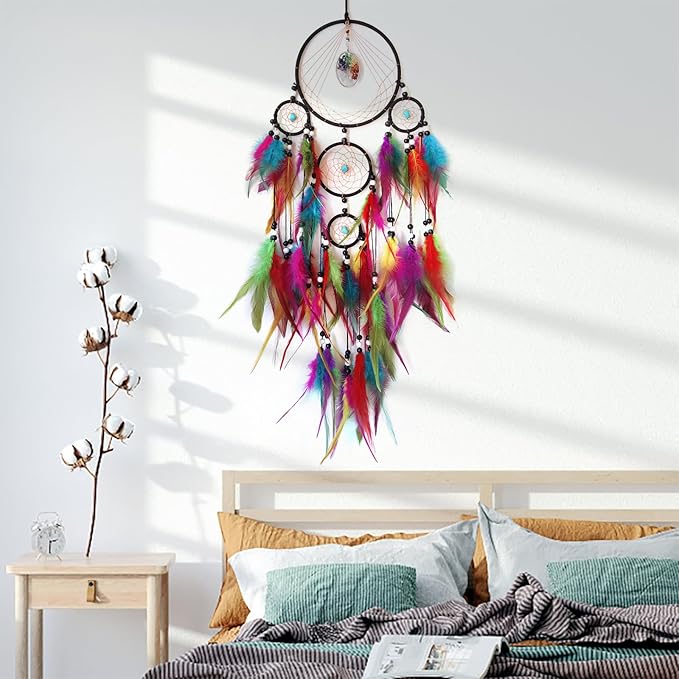 Colorful Large Dream Catcher Wall Decor Feather Dream Catchers with Crystal Tree of Life Pendant Handmade Dreamcatcher Wall Hanging Ornament for Bedroom Living Room Home Decor