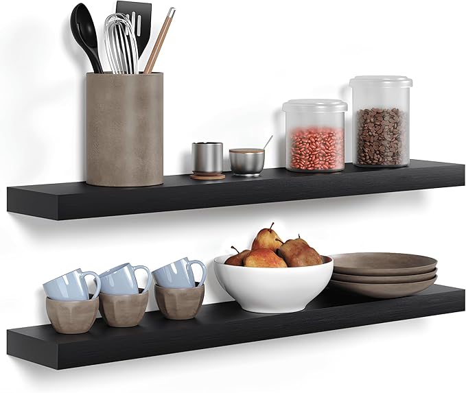 Homeforia Black Floating Shelves 36 inches Long, High End Solid Real Wood 36 inch Floating Shelf for Wall Mounted, Black Wooden 36in Floating Shelves, Heavy Duty Bracket, 36 X 6.5 X 1.75 in, Set of 2