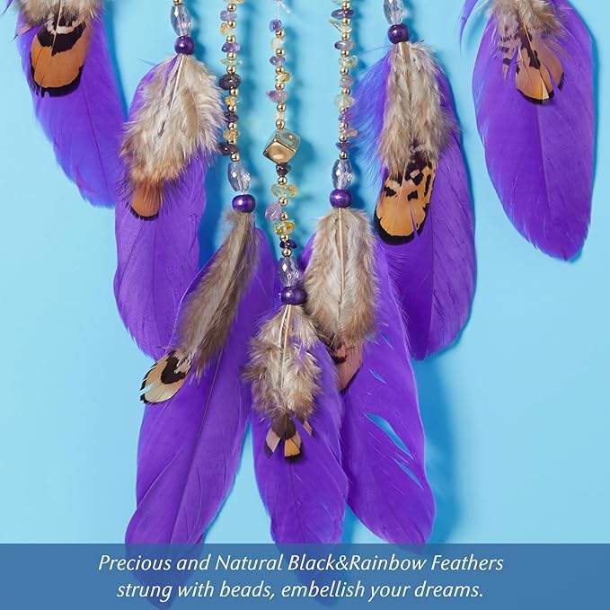 7 Chakras Agates Dream Catchers Moon Tree of Life Dream Catcher Violet Feather Dreamcatcher Wall Decor with Healing Crystal Stone Wall Art Hanging for Bedroom Home Decor Bless Gift Wedding Garden