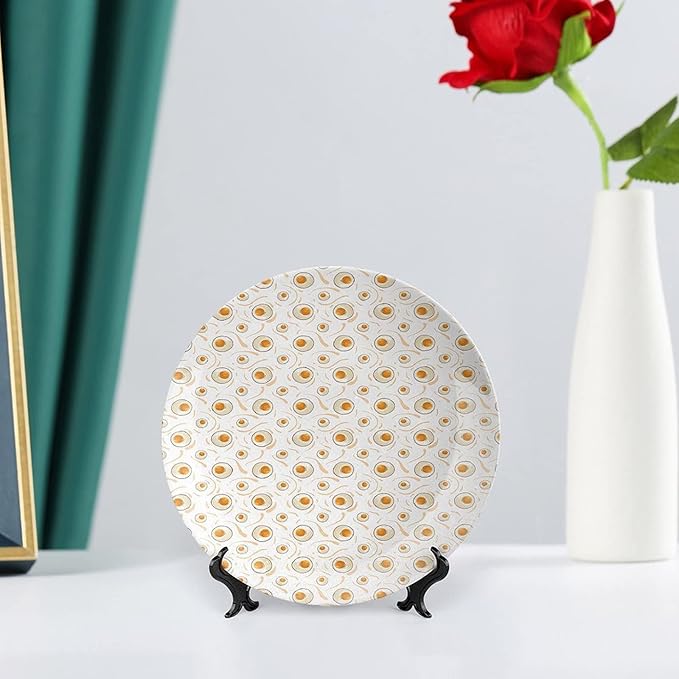 Ceramic Display Plate, AST Food Ceramic Hanging Decorative Plate, Pattern with Fried Eggs Healthy Protein, 7 Inch, Living Room Kitchen Decoration Household, Marigold Peach Cream