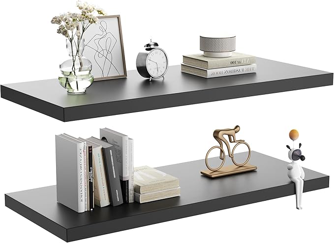 Wall Shelf Set of 2, Black Floating Shelves 24 in W x 10 in D x 1 in H, Wooden Floating Wall Shelf with Invisible Brackets for Living Room/Bedroom/Bathroom/Kitchen Storage and Decor