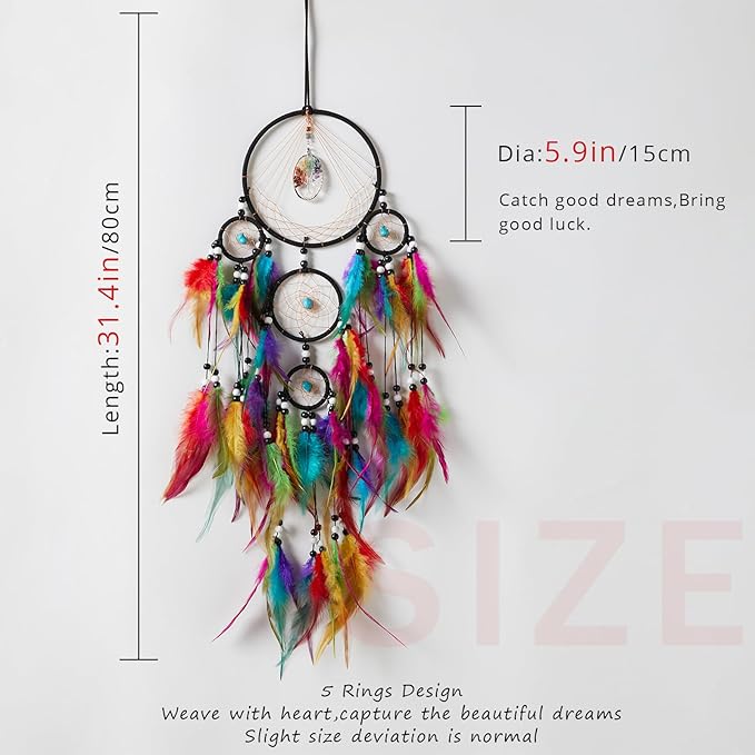 Pretty Jolly Colourful Feather Dream Catchers Wall Decor with Chakras Tree of Life Crystal Stone Ornament Handmade Dreamcatchers for Adult Boys Girls Bedroom Dorm Party Birthday Blessing Gift-5Rings