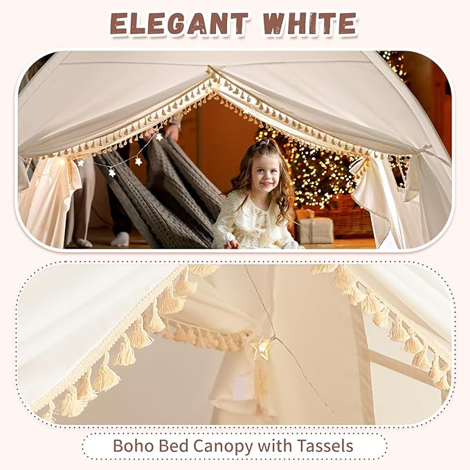 Razee Twin Bed Tent for Kids, Twin Size Bed Canopy Tent Indoor Dream Princess Tent Privacy Tent on Bed Sleep for Girls and Boys, Bohemian Tassel, White