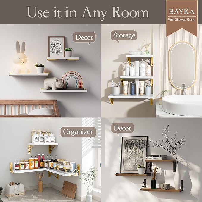 BAYKA Wall Shelves for Bedroom Decor, Floating Wall Shelves for Living Room Kitchen Storage, Wall Mounted Rustic Wood Shelves for Kids Books,Corner Shelves for Bathroom(White and Gold，Set of 3)