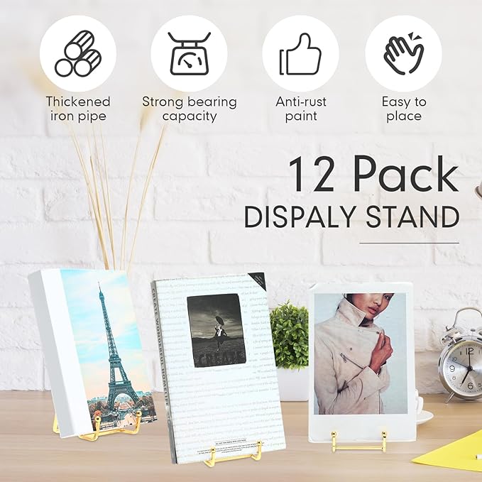 Kenning 12 Pieces Gold Plate Holder Easel Display Stand Metal Book Display Stand Tabletop Picture Frame Holder Photo Square Iron Easel Decorative for Kitchen Office Room Tabletop(3 Sizes)