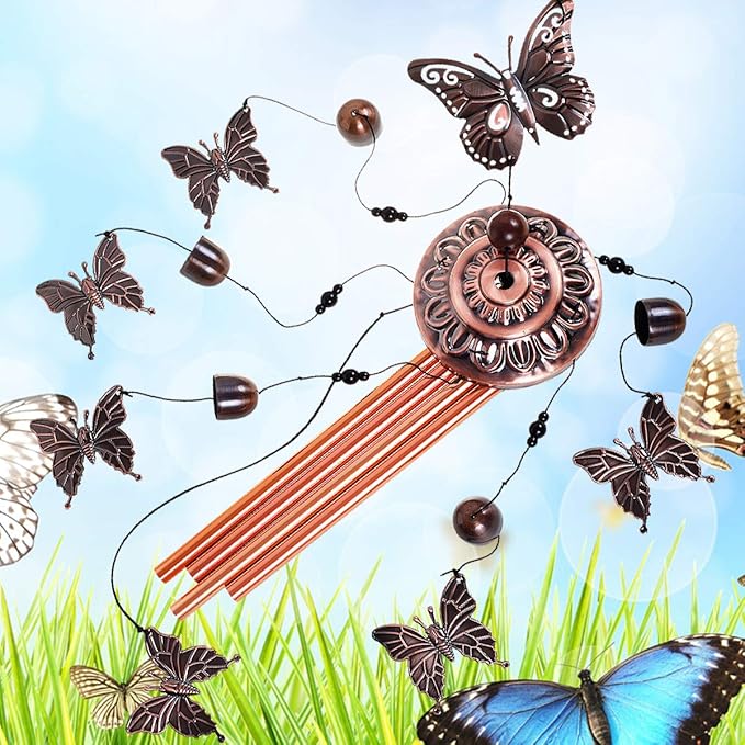 Butterfly Wind Chimes Outdoor Decor -with 4 Tubes 6 Bells 7 Butterflies 36In Waterproof Mobile Romantic Wind Catcher Butterfly Windchimes for Home, Xmas Mom Gifts, Festival,Balcony,Garden Decoration
