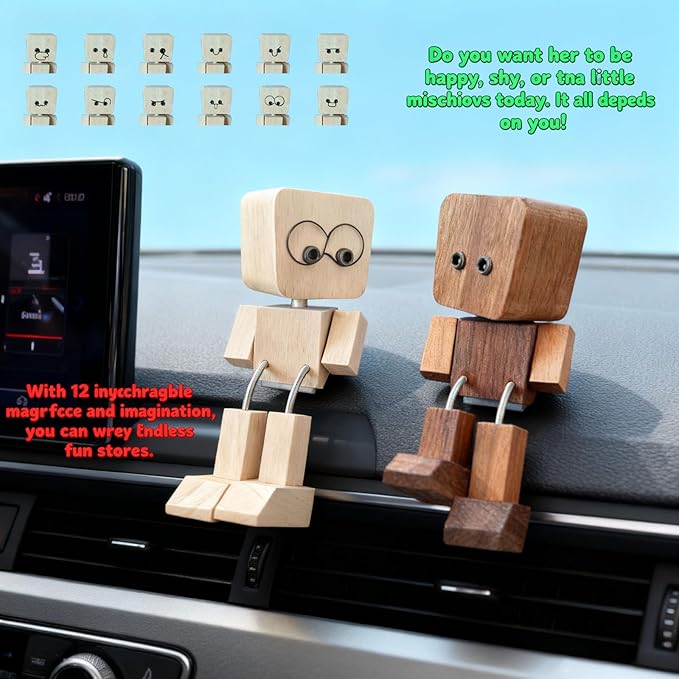Shaking Wooden Man Figurine - Battery-Free Physics-Driven Rocking Decor with 12 Magnetic Expressions, Handcrafted Natural Wood for Car Dashboard, Office Desk, Home Shelf (Beech)