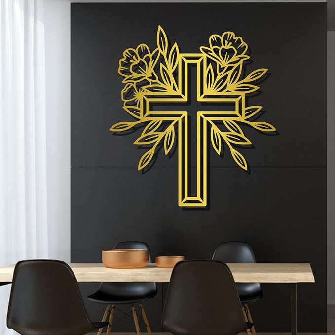 ENJOYOO Metal Cross Wall Decor, Religious Cross Decoration, Flower Metal Wall Art, Garden Wall Art Outdoor (White, 19×17in/47×43cm, metal wall art)