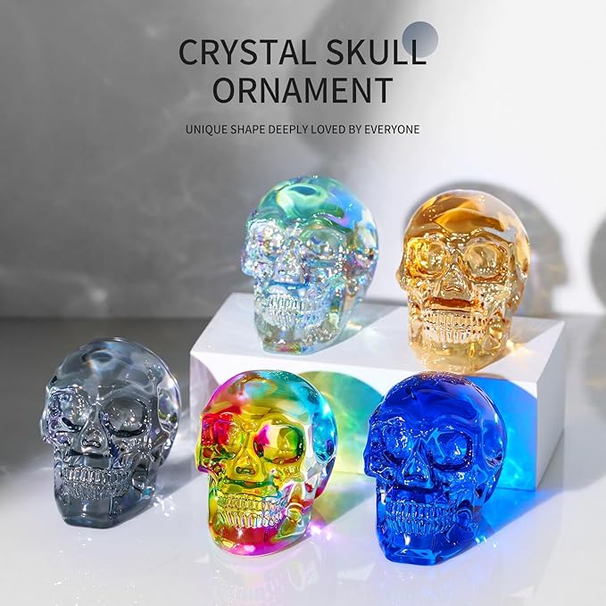 Crystal Halloween Skull Skeleton Decor, Gold Glass Skull Gifts for Men Home Decorations with Gift Box, Art Glass Day of The Dead Skull Halloween Paperweights Collectibles (Gold)