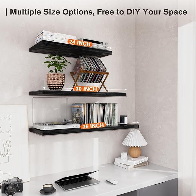 Wall Shelf Set of 1,Dark Wood Floating Shelves 24 in W x 10 in D x 1 in H, Wooden Floating Wall Shelf with Invisible Brackets for Living Room/Bedroom/Bathroom/Kitchen Storage and Decor