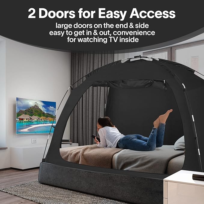 EighteenTek Bed Canopy with Lights, Sleeping Dream Twin Bed Tent, Portable Cottage Drafty Room Blackout Breathable Privacy Big Indoor Tents for Girls & Boys Bedroom Decor, Black