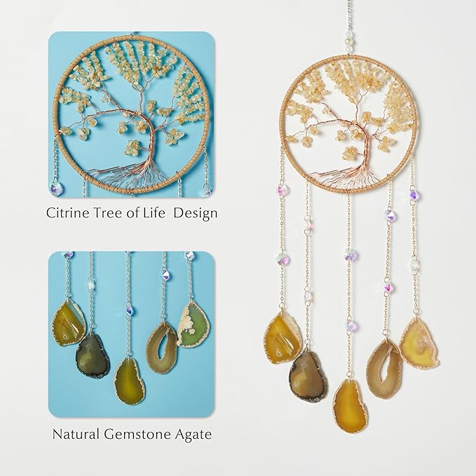 Agate Citrine Gemstone Dream Catcher 7 Chakras Gold Tree of Life Dream Catcher with Healing Crystal Stones Handmade Dreamcatcher Wall Decor for Adults Boys Girls,Bedroom,Wedding,Garden,Bless Gift