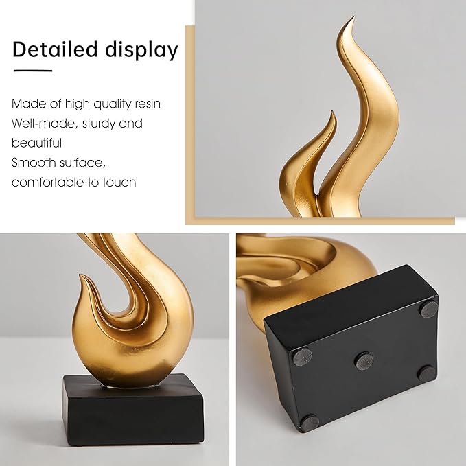 Modern Abstract Art Table Decoration, Gold Decor Flame Statue for Living Room Home, Black Shelf Decor Accents, Abstract Art Resin Sculpture for Dining Room, Office & Coffee Table Centerpiece (Gold)