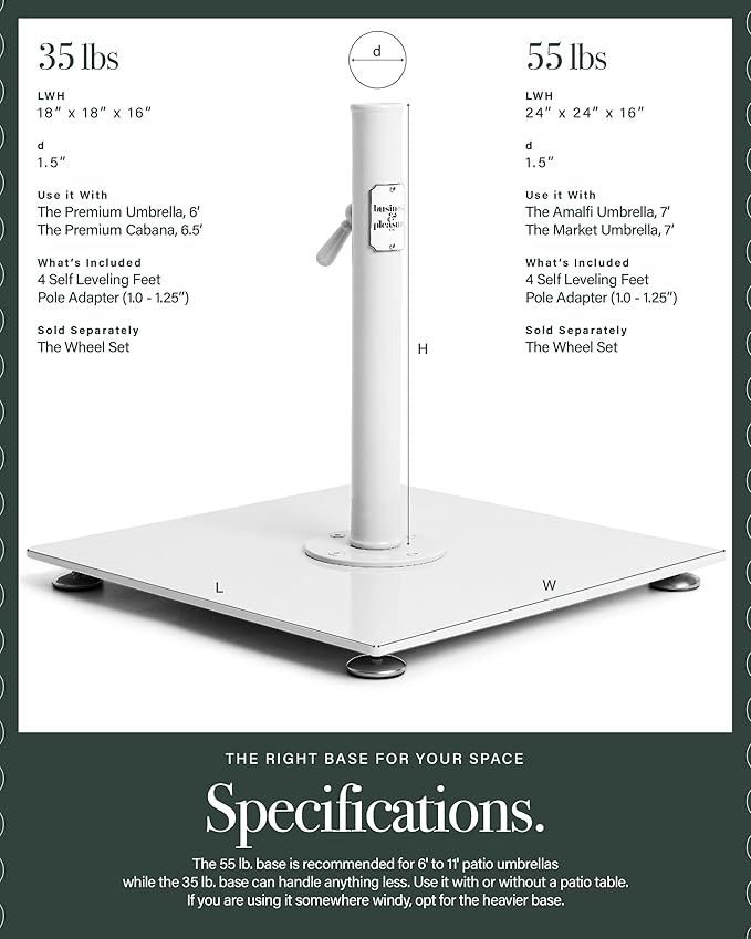 Business & Pleasure Co. Classic Patio Umbrella Base - Fits up to 6' Patio & Beach Umbrellas - Heavy Duty Square Metal Umbrella Stand Outdoor Base - White, 35 lbs