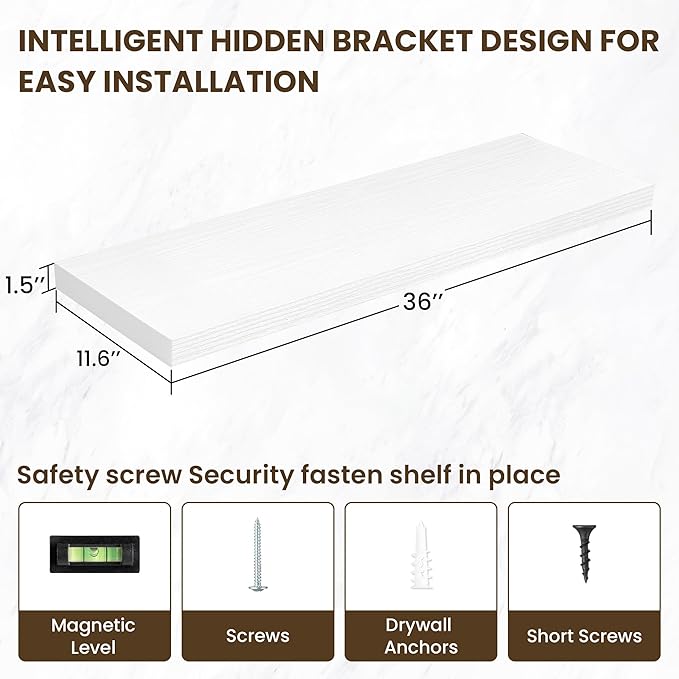 36 Inch Floating Shelves, 12 Inch Deep Floating Shelves for Wall, Floating Shelf with Invisible Brackets, Large Deep Wall Shelves for Bathroom, Bedroom, Living Room, 2 Pack, White