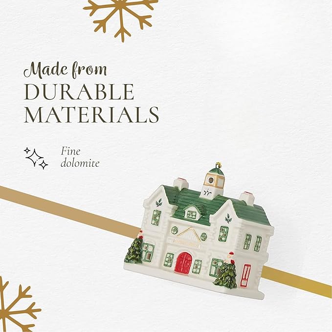 Spode Dolomite Christmas Collectible - Ceramic LED Lighted Miniature Christmas Village Set with Figural Decoration - Indoor Display