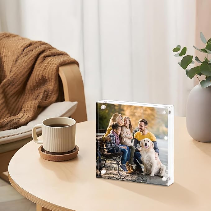 Acrylic Picture Frame 8x8-2 Pack, Clear Double Sided Frameless Photo Frame with Magnetic, Free Standing Desktop Acrylic Frame Display, Lucite Frame with Gift Box Package, 12+12mm Thickness