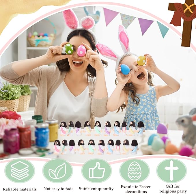 Bememo 100 Pcs Jesus Toys Original Design Mini Rubber Little Jesus Figurine to Hide and Seek Religious Party Favors Sunday School Craft Baptism Gifts for Easter Egg Stuffers (Macaron Color)