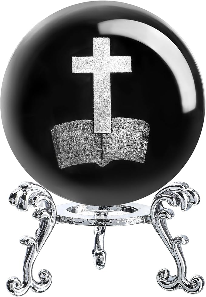 ZEERSHEE 3D Laser Engraved Cross Bible Crystal Ball with Stand Religious Christian Collectible Decoration for Home Office