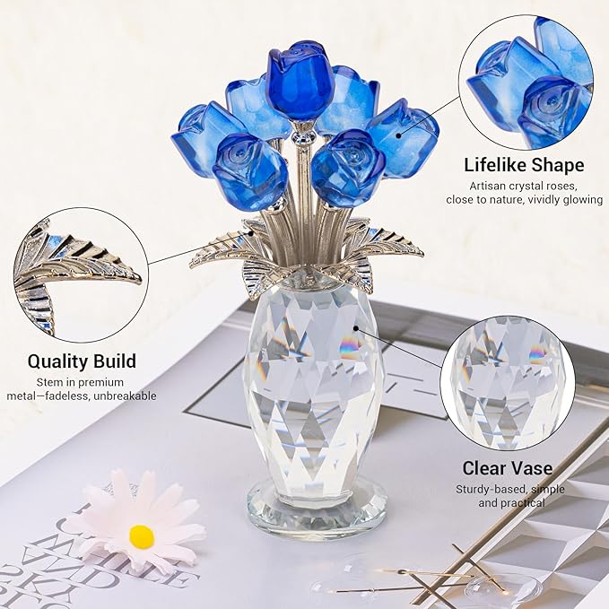 Glass Rose Flowers, Crystal Glass Figurines Rose Decorations for Home Gifts for Mom Wife Grandma, Crystal Flowers Collectible Ornament Mother's Day Thanksgiving Anniversary Birthday Gifts (Blue Rose)
