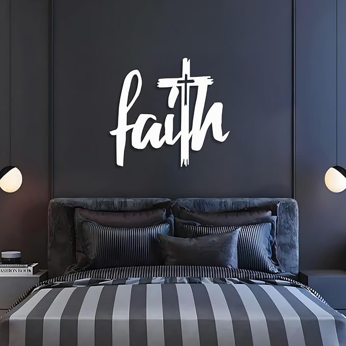 Faith Cross Metal Wall Sign, Faith Metal Wall Decor, Christian Cross Wall Decor, Religious Art Wall Decor, Spiritual Wall Art, Metal Wall Art, Wall Decor for Living room, Church (43"x39" | 110x100cm, Silver)