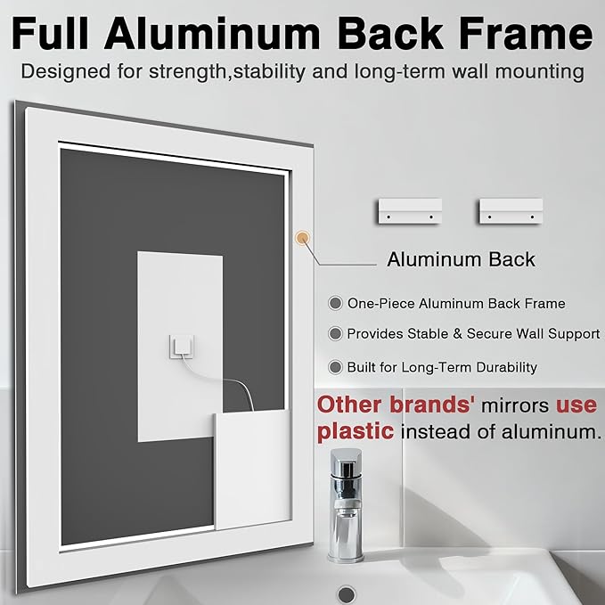 40"x24" LED Bathroom Mirror, Front and Backlit, Anti-Fog Bathroom Vanity Mirror, Stepless Dimmable Lighted, 3 Colors Smart Mirror (Horizontal/Vertical)