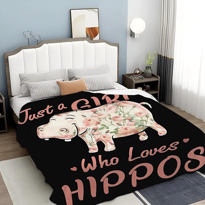 Hippo Blanket for Girls Women Just A Girl Who Loves Hippos Gifts Throw Blanket Lightweight Fuzzy Cozy Plush Flannel Fleece Blankets for Bed Decor 50"x60"