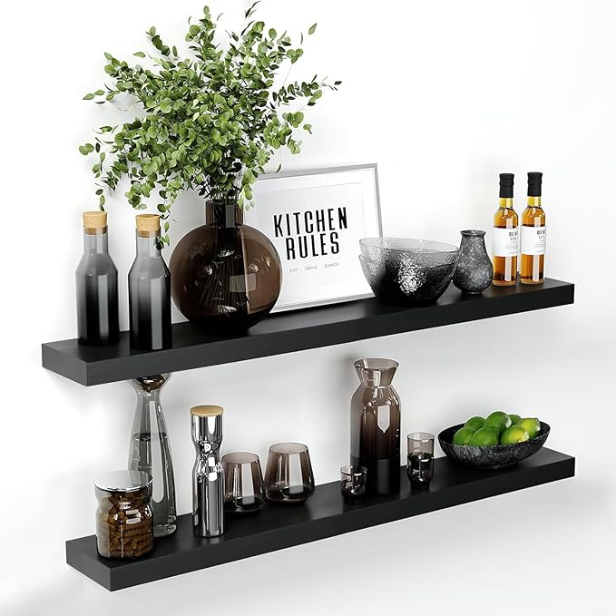 Homeforia Floating Black Shelf 42 inch, High End Solid Real Wood 42 inches Long Floating Shelves for Wall, Black Wooden 42inch Large Floating Shelves, Heavy Duty Bracket, 42 X 6.5 X 1.75 in, Set of 2
