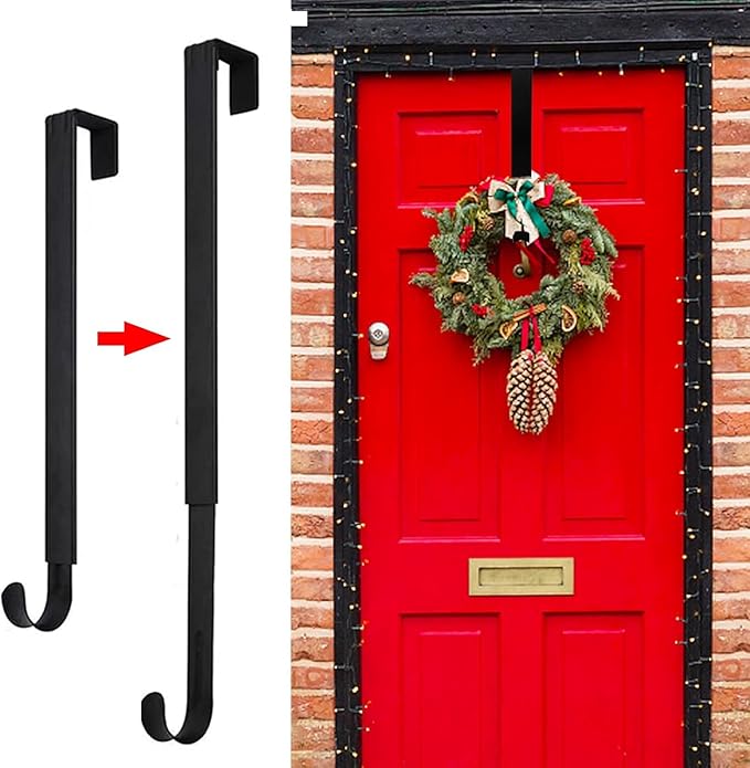 Wreath Hanger for Front Door, Adjustable 15 to 25 Inches Wreath Hangers, 20 lbs Larger Door Upgrade Wreath Hanger, Christmas (Black)