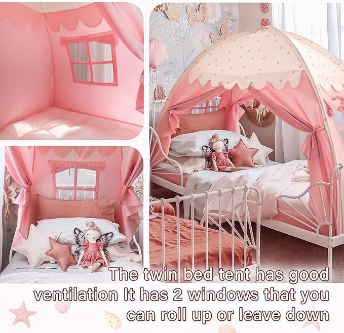 Sherilyn Twin Bed Canopy Tent, Canopy on Bed Privacy Space Sleeping Blackout Tents Bunk Bed Tent Twin Size (Pink)