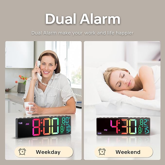 JALL 10.5'' Digital Large Alarm Clock with 8-in-1 RGB Colors, Date, Month, Temperature LED, Auto DST, Modern for Desk, Wall, Living Room, Bedroom, Birthday Xmas Gift (Black, 10.5 inches)