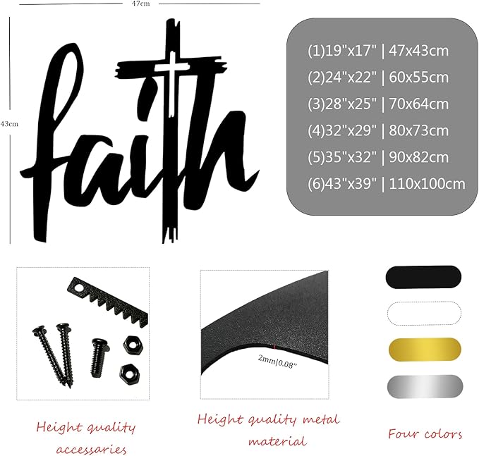 Faith Cross Metal Wall Sign, Faith Metal Wall Decor, Christian Wall Art, Spiritual Wall Decor, Religious Wall Art for Living room, Church (24"x22" | 60x55cm, Silver)